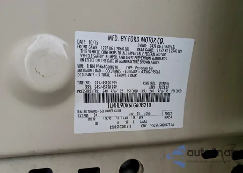 2015 Lincoln Mks z USA, uszkodzony, nr VIN 1LNHL9DK6FG608210